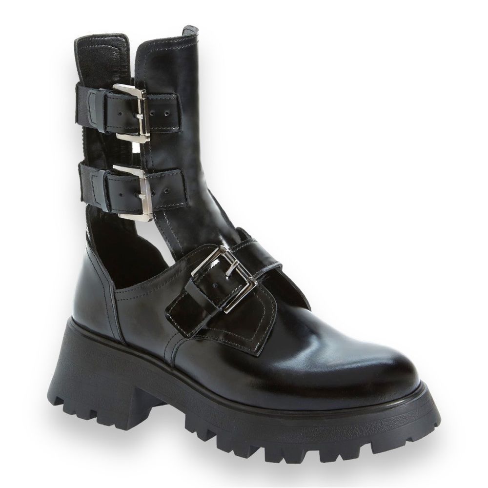 STEVE MADDEN Okara Buckle Cutout Platform Boot in Black Leather Size 7 NWOT